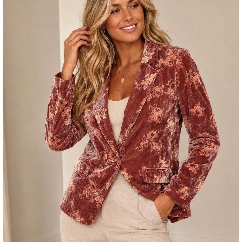 Hutch Anthropologie Floral Burnout Velvet Blazer Pink Rose Size L NWOT